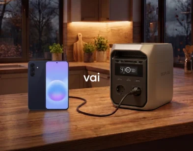 Izvēle starp viedtālruni un EcoFlow pārnēsājamo elektrostaciju ar uzrakstu “vai” uz mājīgas virtuves fona ar siltu apgaismojumu.