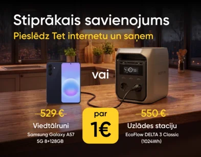 Izvēle starp viedtālruni un EcoFlow pārnēsājamo elektrostaciju ar uzrakstu “vai” uz mājīgas virtuves fona ar siltu apgaismojumu.